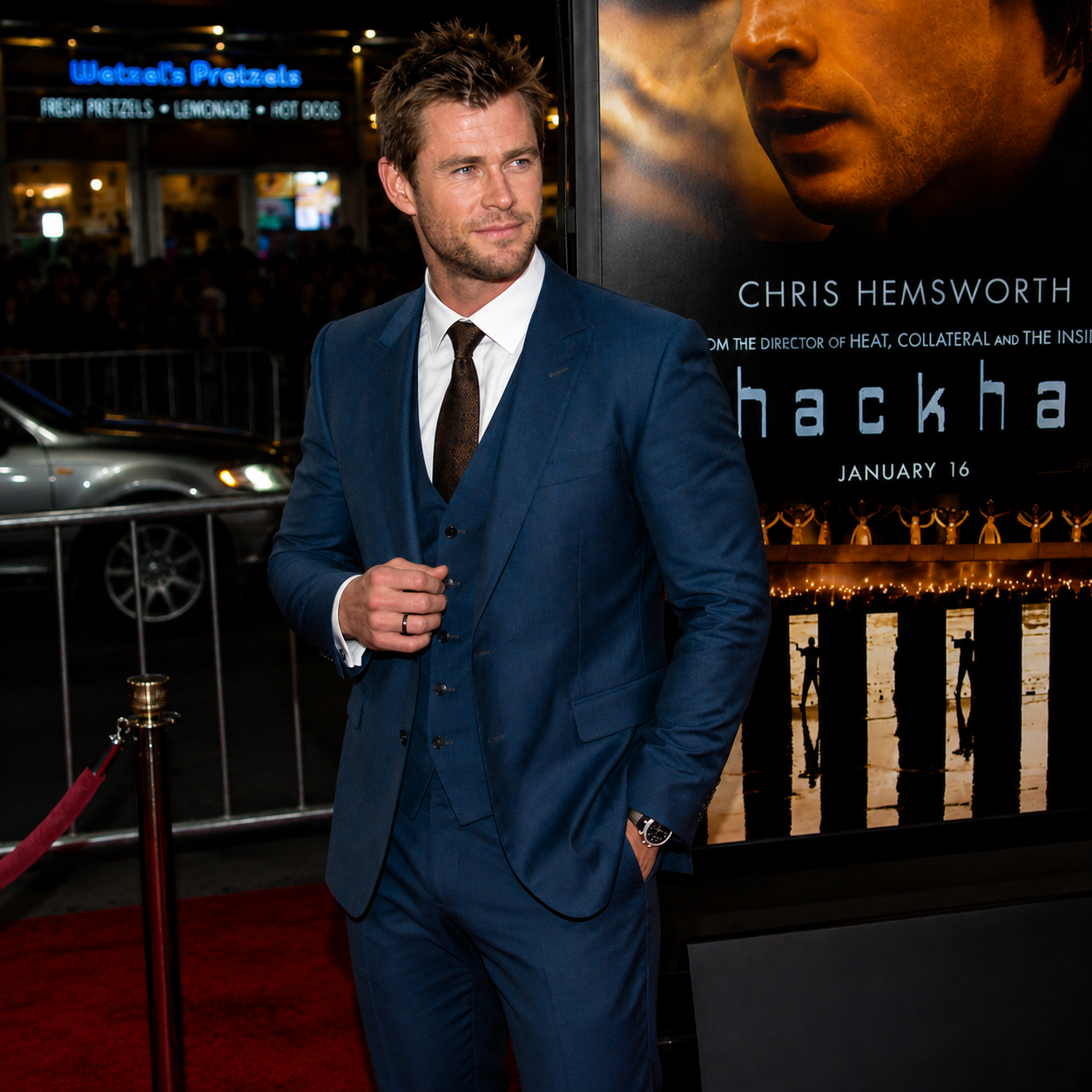 chris hemsworth Men’s Navy Blue 3 Piece Suit