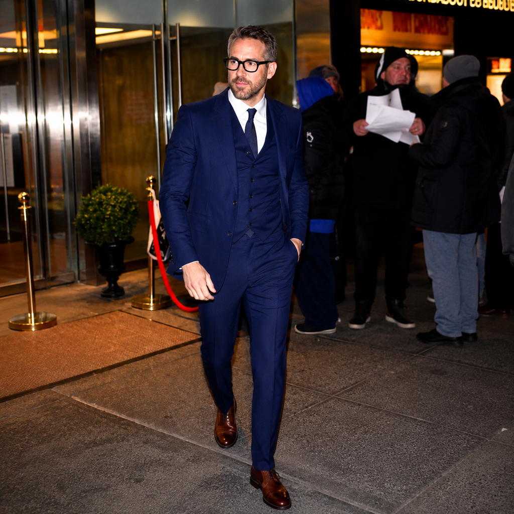 Ryan Reynolds Men’s Navy Blue 3 Piece Suit