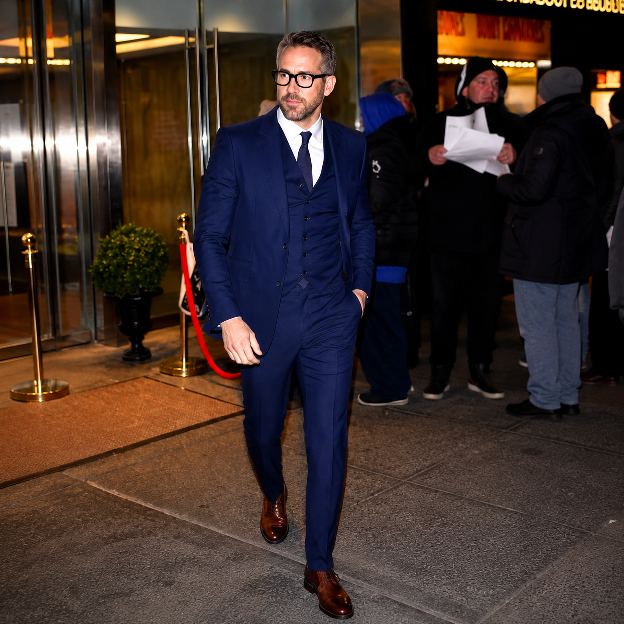 Ryan Reynolds Men’s Navy Blue 3 Piece Suit