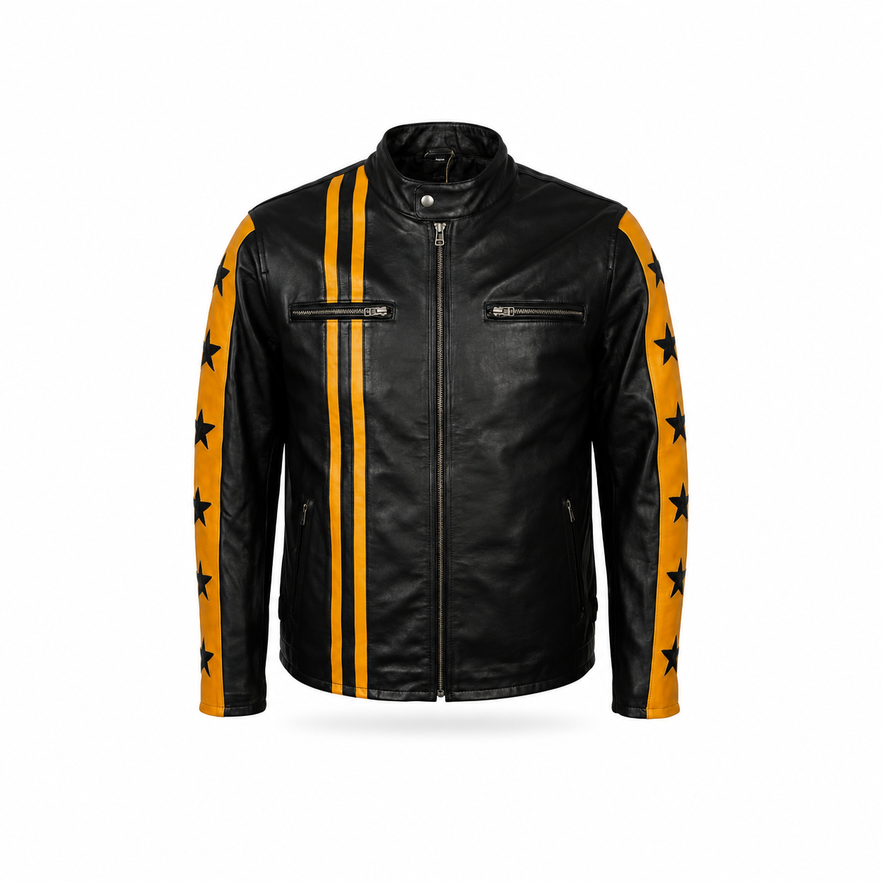 Men’s Yellow Star Black Leather Cafe Racer Jacket