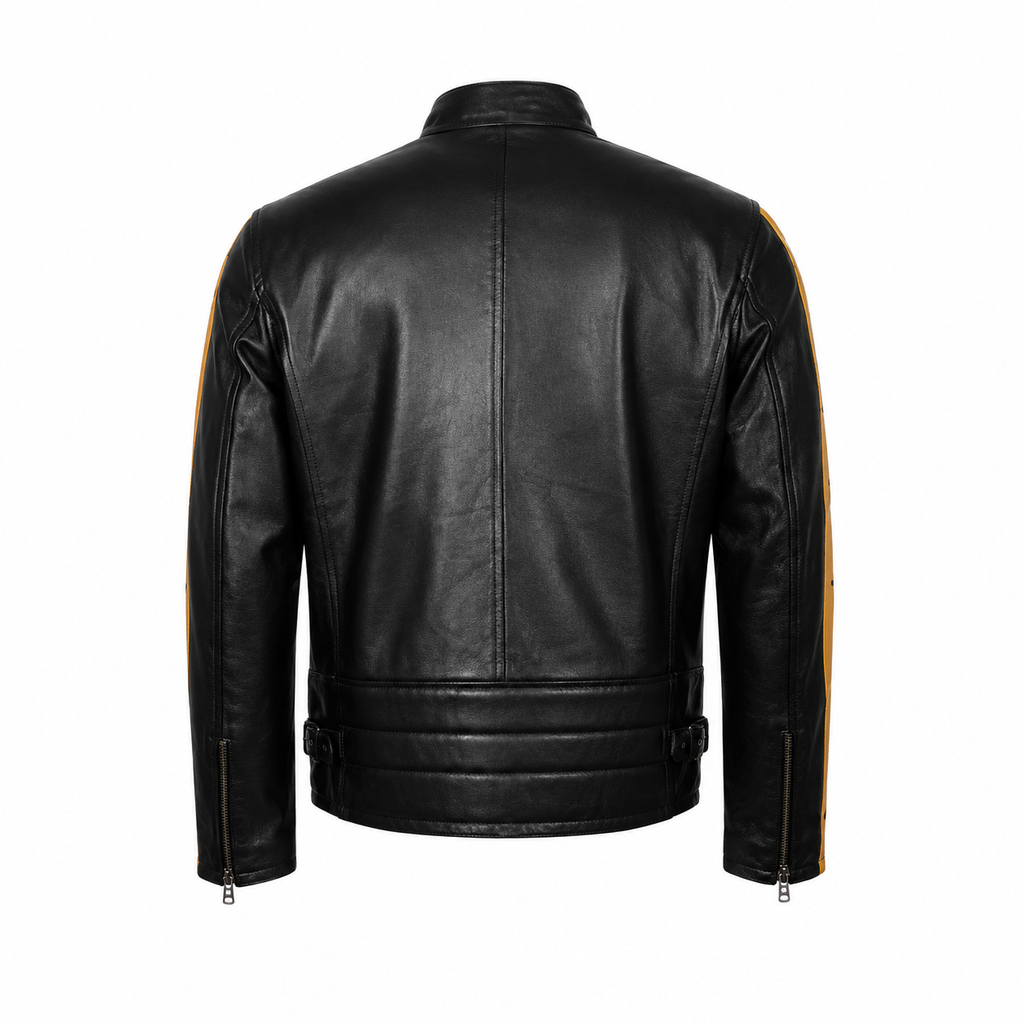 Men’s Yellow Star Black Leather Cafe Racer Jacket