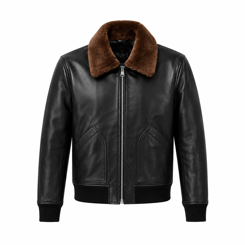 Men’s Black Leather Shearling Bomber Jacket