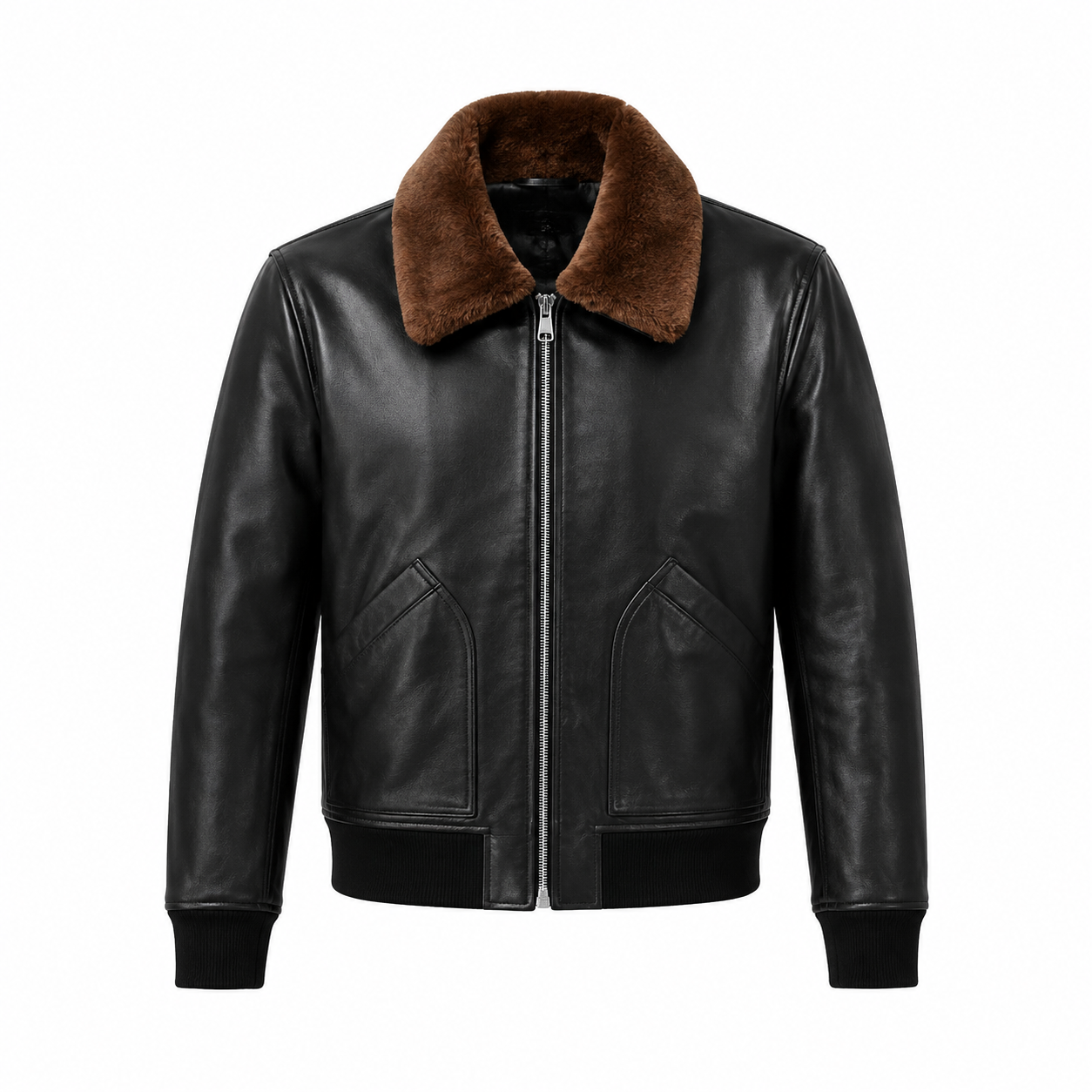 Men’s Black Leather Shearling Bomber Jacket