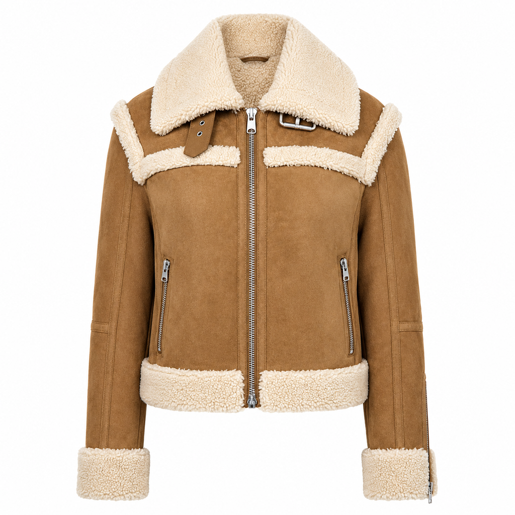 Vickie Women’s Brown Shearling Suede Aviator Jacket