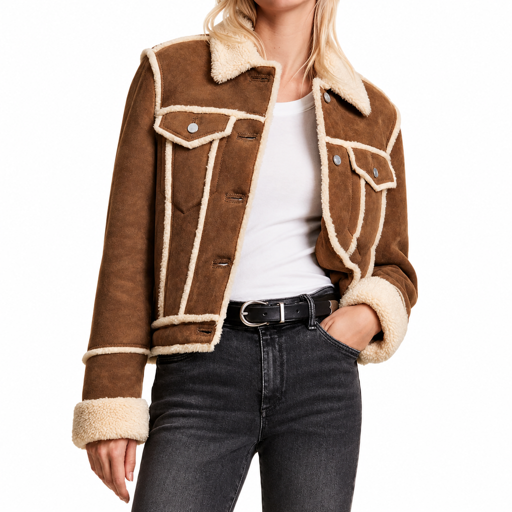 Laura Women’s Tan Shearling Leather Trucker Jacket