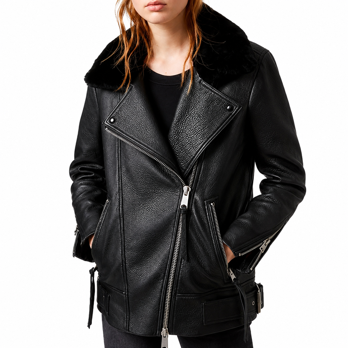 Lucy Women’s Black Shearling Leather Biker Jacket