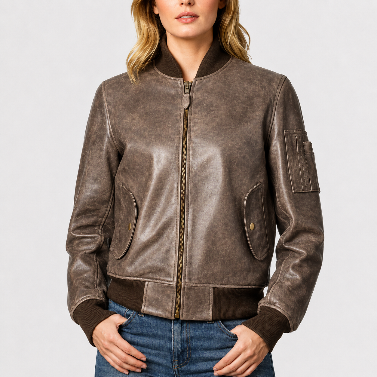 Juniper Women’s Brown Distressed Leather MA-1 Bomber Jacket