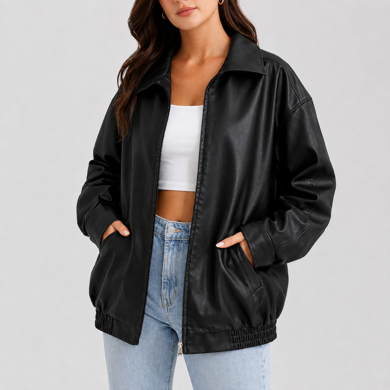 Emma Women’s Black Oversized Bomber Leather Jacket
