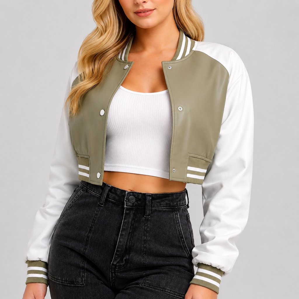 Hollywood Jackets Adele Women’s Olive Green and White Leather Varsity Jacket