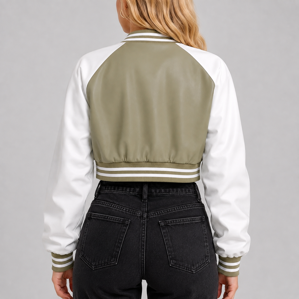 Hollywood Jackets Adele Women’s Olive Green and White Leather Varsity Jacket
