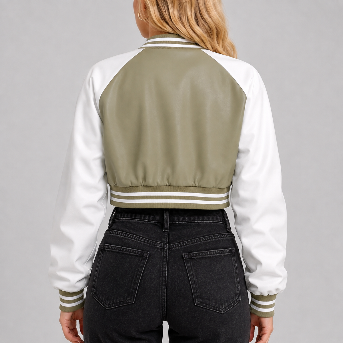 Hollywood Jackets Adele Women’s Olive Green and White Leather Varsity Jacket