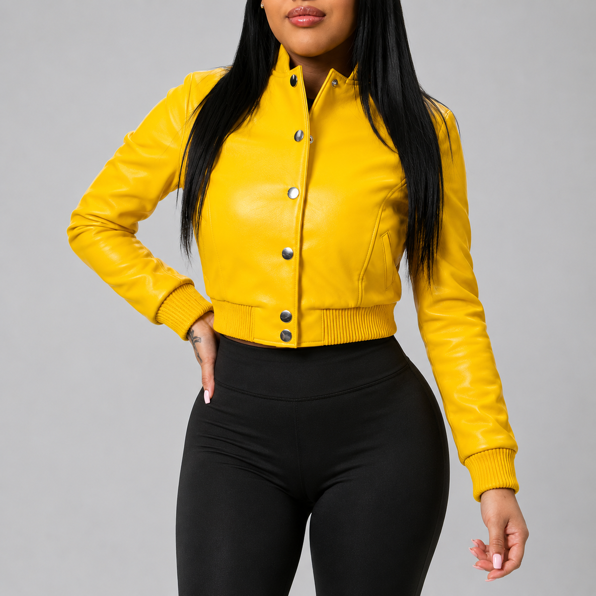 Hollywood Jackets Gina Women’s Yellow Leather Varsity Jacket