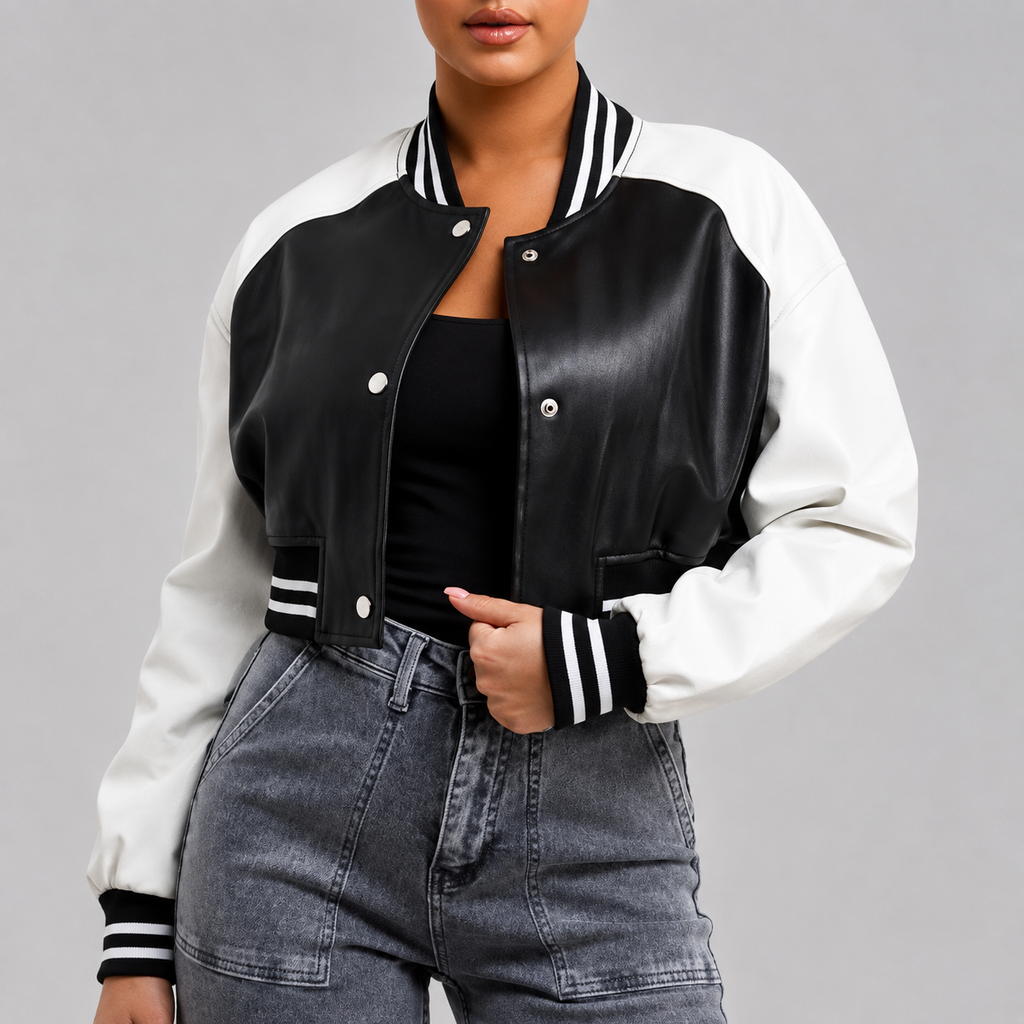 Hollywood Jackets Adele Women’s Black and White Leather Varsity Jacket