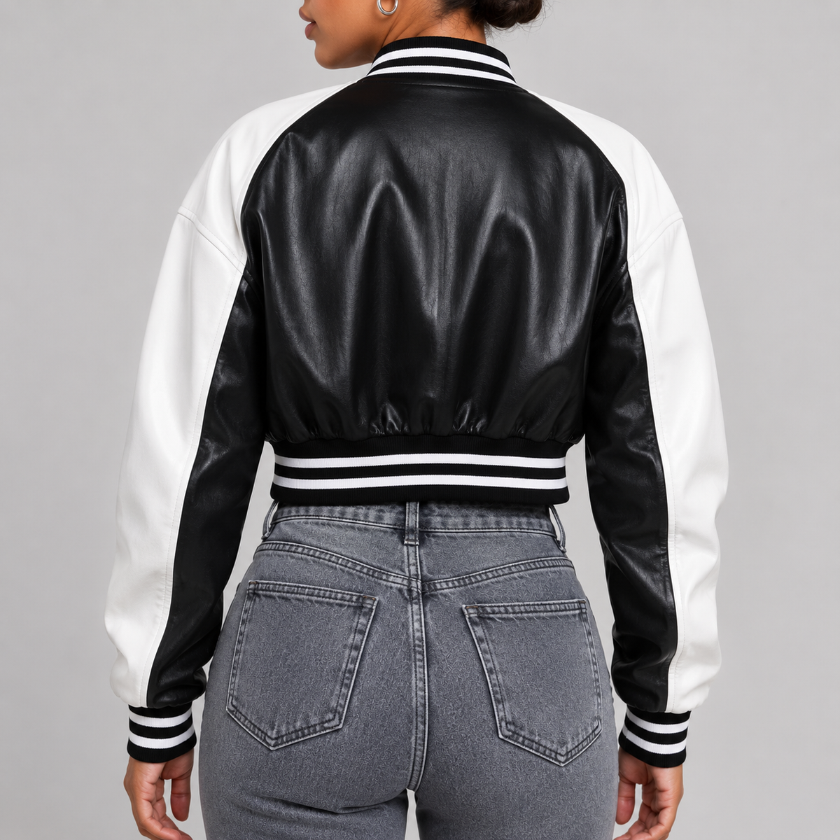 Hollywood Jackets Adele Women’s Black and White Leather Varsity Jacket
