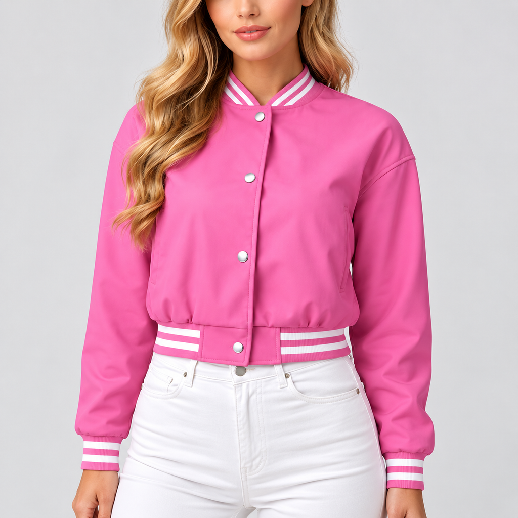 Hollywood Jackets Adele Women’s Pink Leather Varsity Jacket