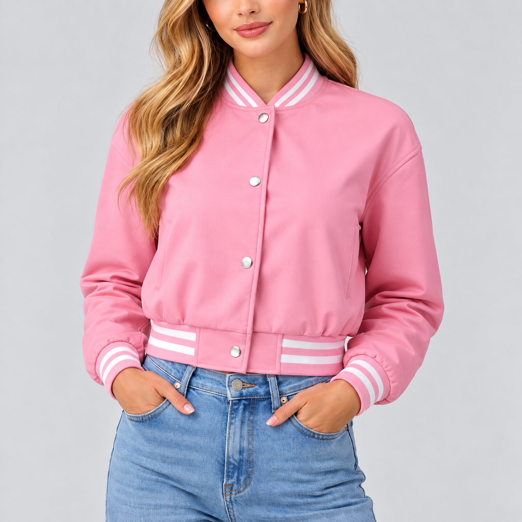 Hollywood Jackets Adele Women’s Light Pink Leather Varsity Jacket