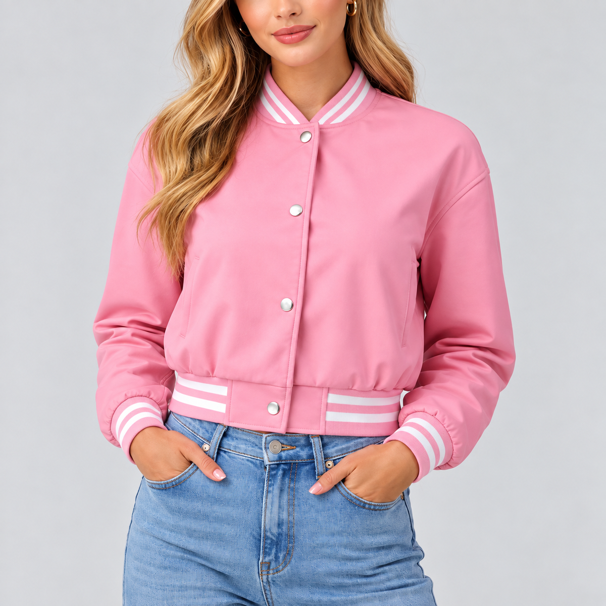 Hollywood Jackets Adele Women’s Light Pink Leather Varsity Jacket