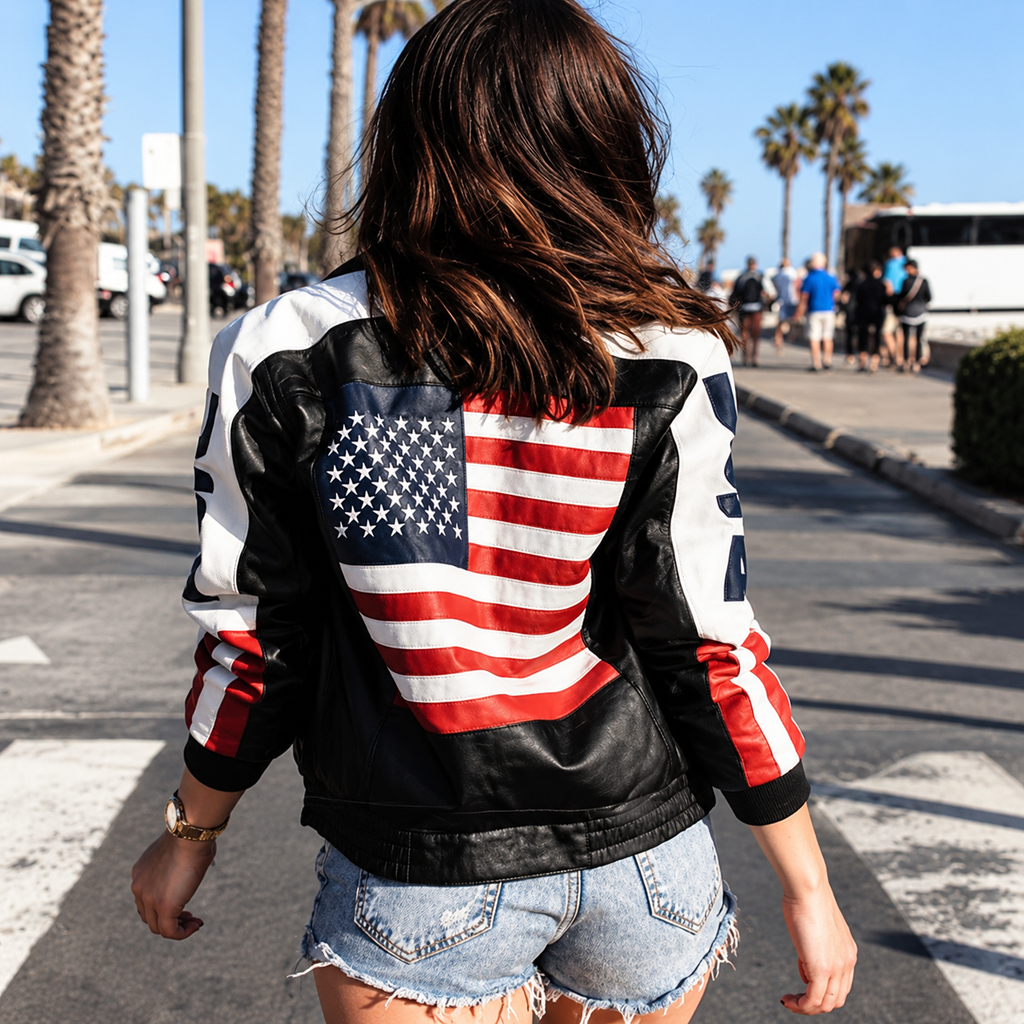 Hollywood Jackets Selena Gomez Premium Black American Flag Leather Jacket