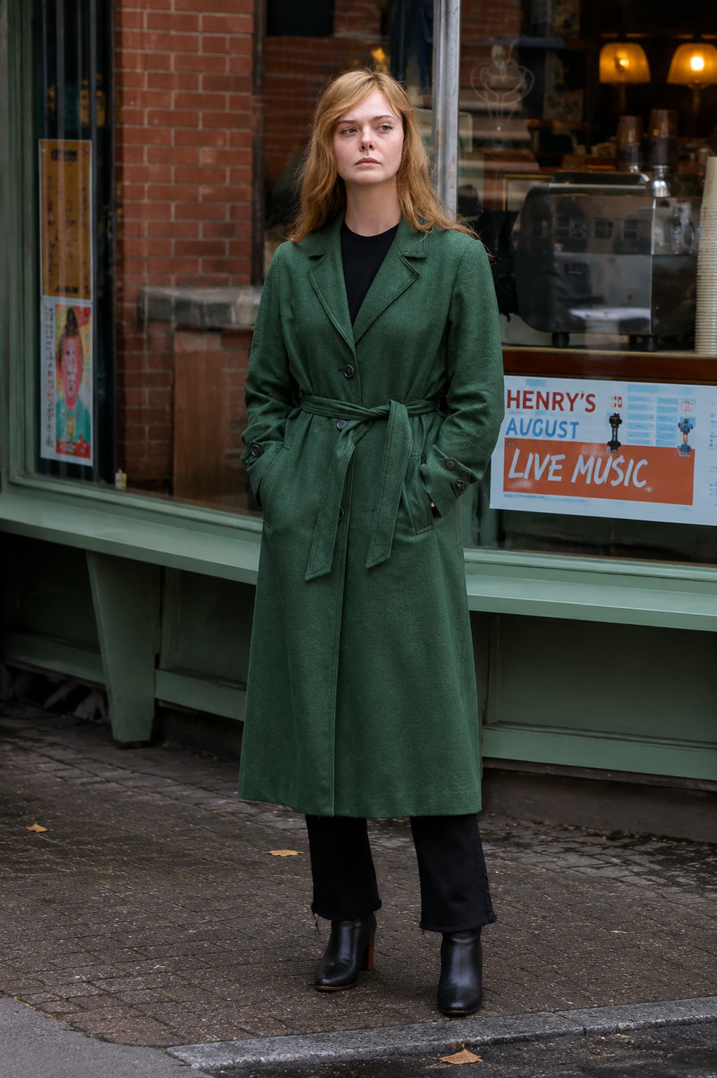 Hollywood Jacket A Complete Unknown 2024 Elle Fanning Green Wool Coat