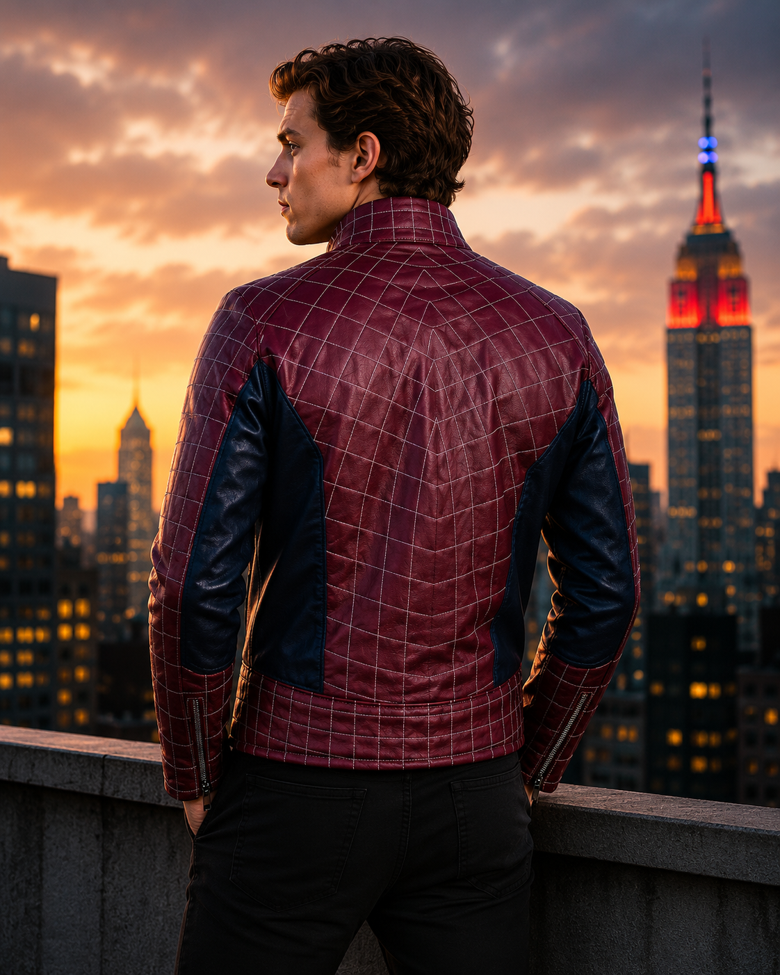 Hollywood Jackets Men’s Maroon Biker Leather Jacket – Superhero Style