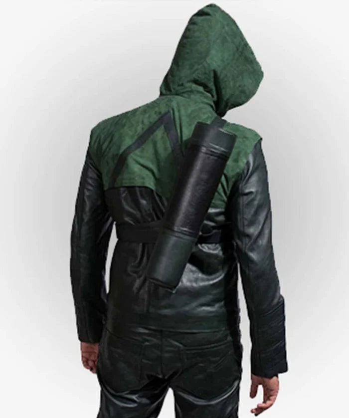 Hollywood Jackets Stephen Amell Green Arrow Hooded Leather Jacket Costume