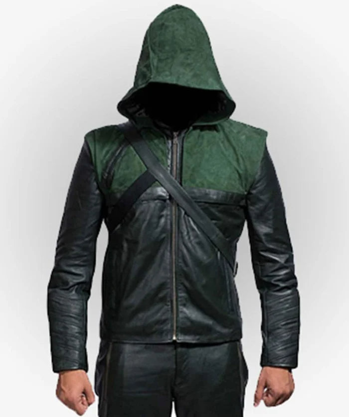 Hollywood Jackets Stephen Amell Green Arrow Hooded Leather Jacket Costume