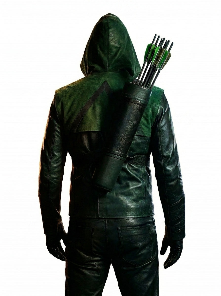 Hollywood Jackets Stephen Amell Green Arrow Hooded Leather Jacket Costume