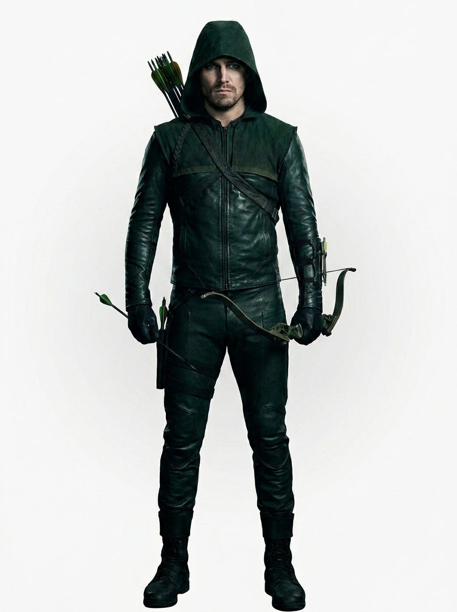 Hollywood Jackets Stephen Amell Green Arrow Hooded Leather Jacket Costume
