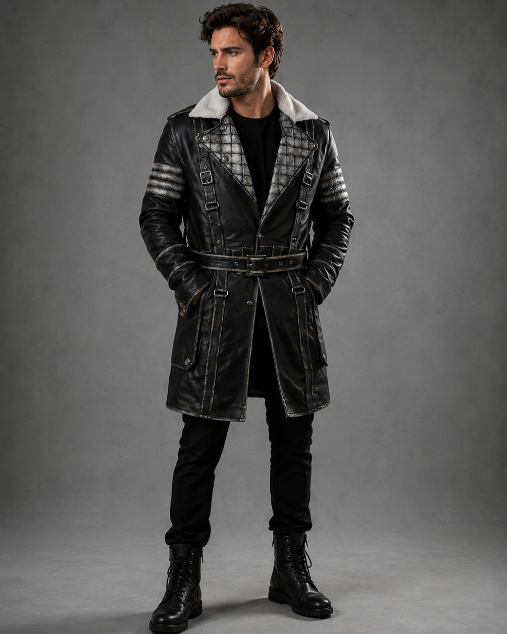 Men’s Fallout Distressed Black Leather Coat | Post-Apocalyptic Trench Coat