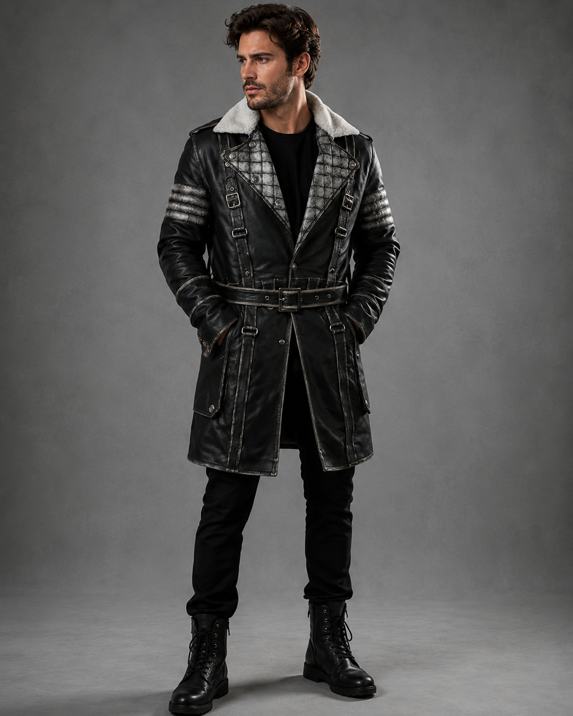 Men’s Fallout Distressed Black Leather Coat | Post-Apocalyptic Trench Coat