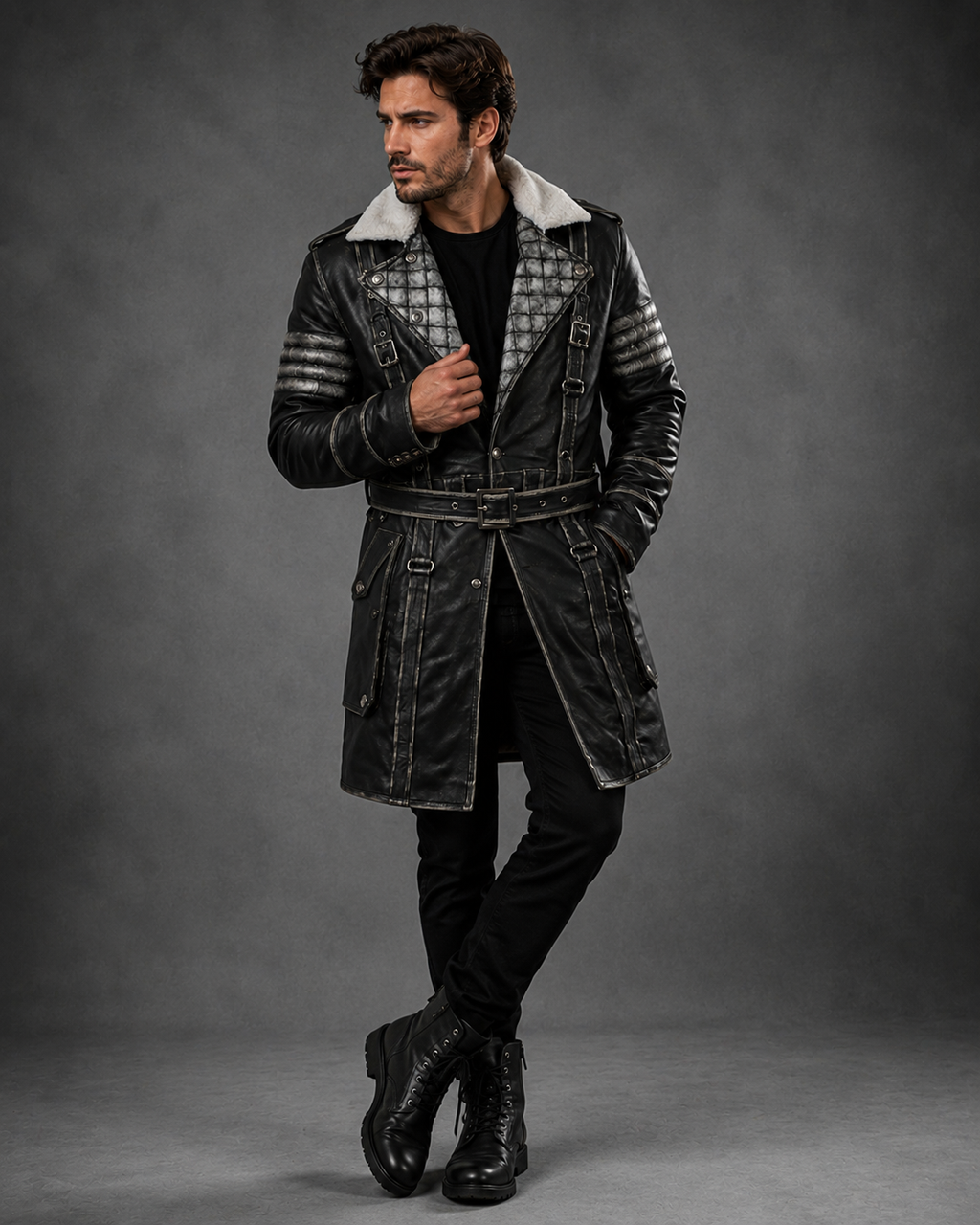 Men’s Fallout Distressed Black Leather Coat | Post-Apocalyptic Trench Coat