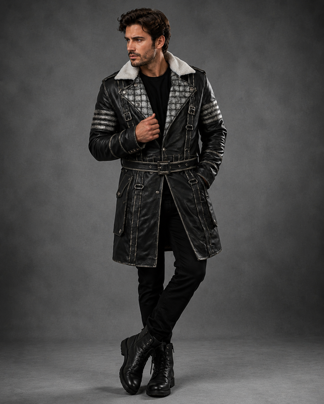 Men’s Fallout Distressed Black Leather Coat | Post-Apocalyptic Trench Coat