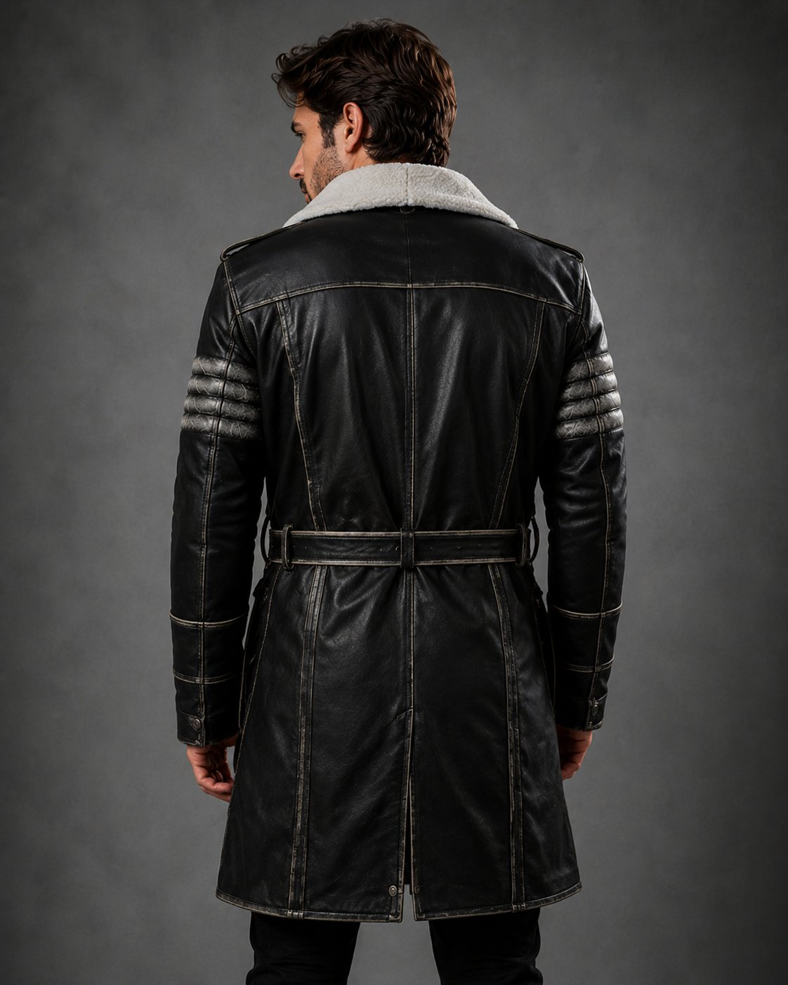 Men’s Fallout Distressed Black Leather Coat | Post-Apocalyptic Trench Coat