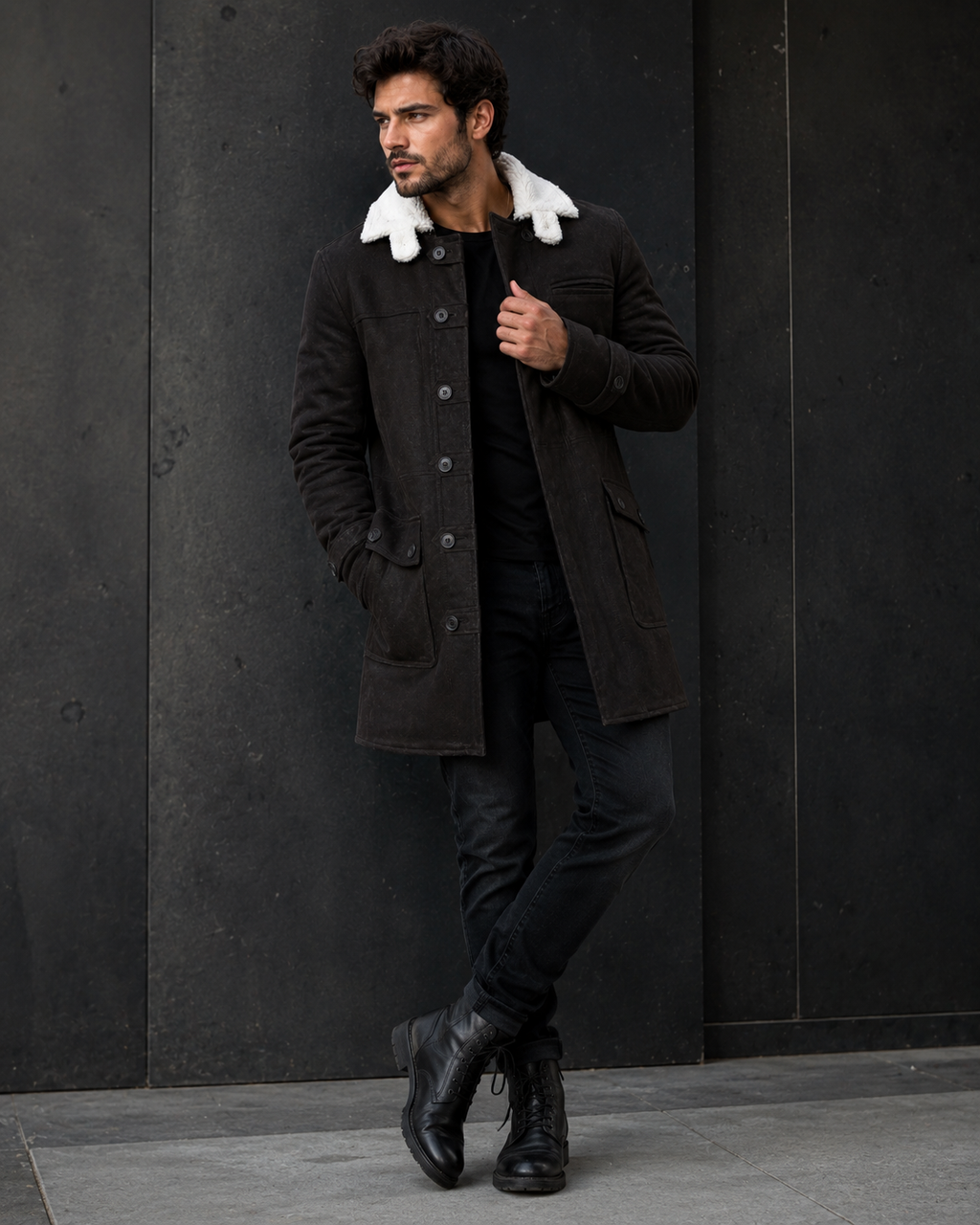 Men’s Dark Brown Shearling Leather Coat | Vintage Winter Coat
