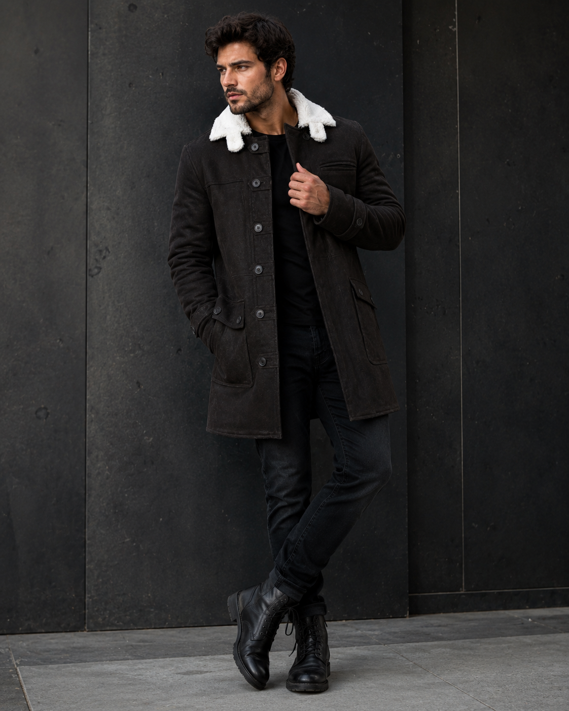 Men’s Dark Brown Shearling Leather Coat | Vintage Winter Coat
