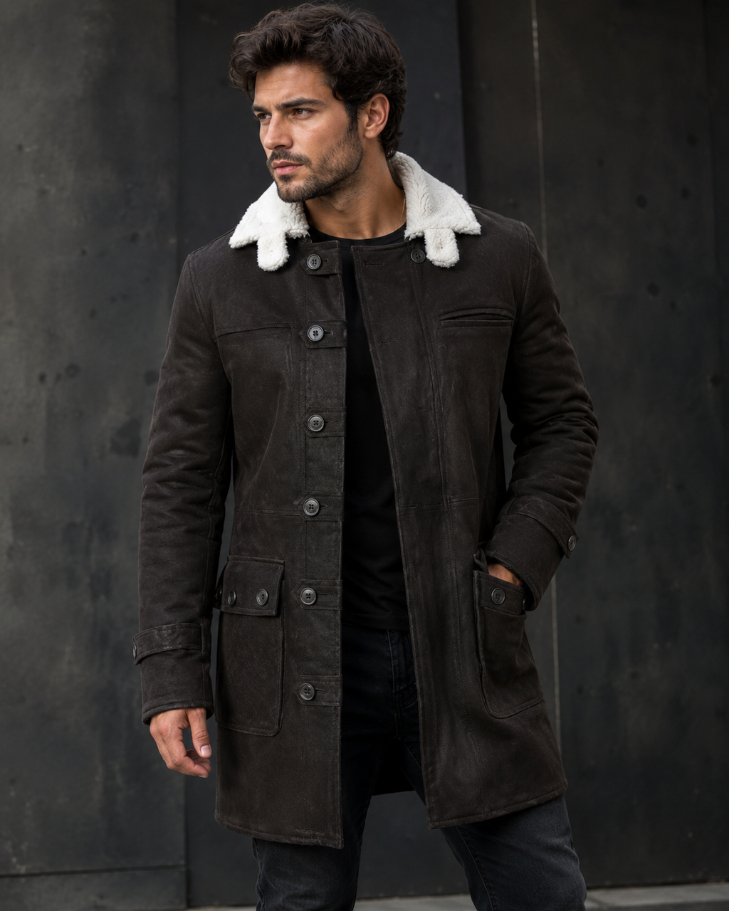 Men’s Dark Brown Shearling Leather Coat | Vintage Winter Coat