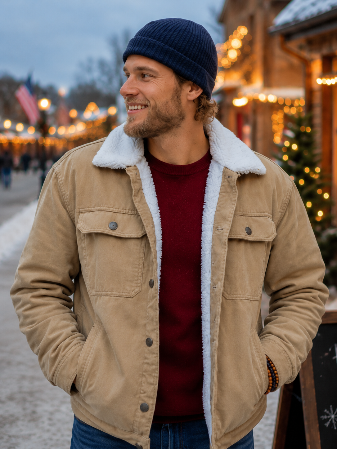 Men’s Beige Sherpa Trucker Jacket | Winter Cotton Jacket