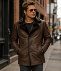 Men’s Vintage Brown Fur Collar Leather Coat | Classic Winter Coat