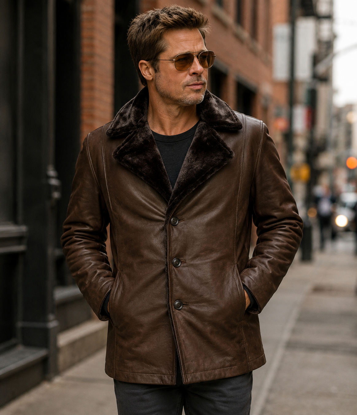 Men’s Vintage Brown Fur Collar Leather Coat | Classic Winter Coat