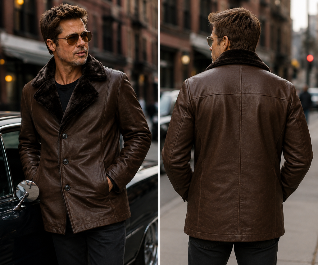 Men’s Vintage Brown Fur Collar Leather Coat | Classic Winter Coat