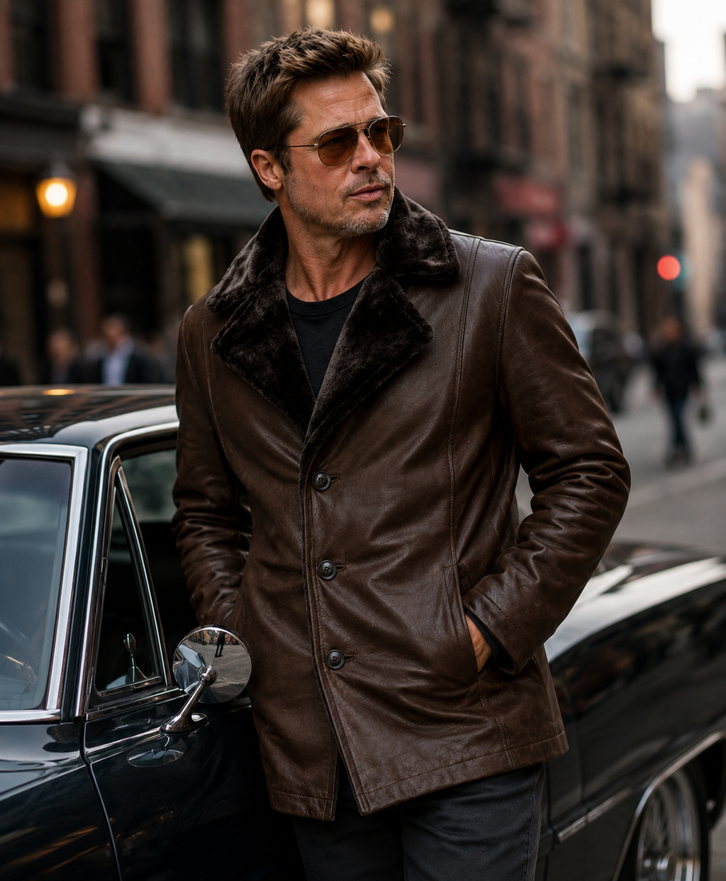 Men’s Vintage Brown Fur Collar Leather Coat | Classic Winter Coat