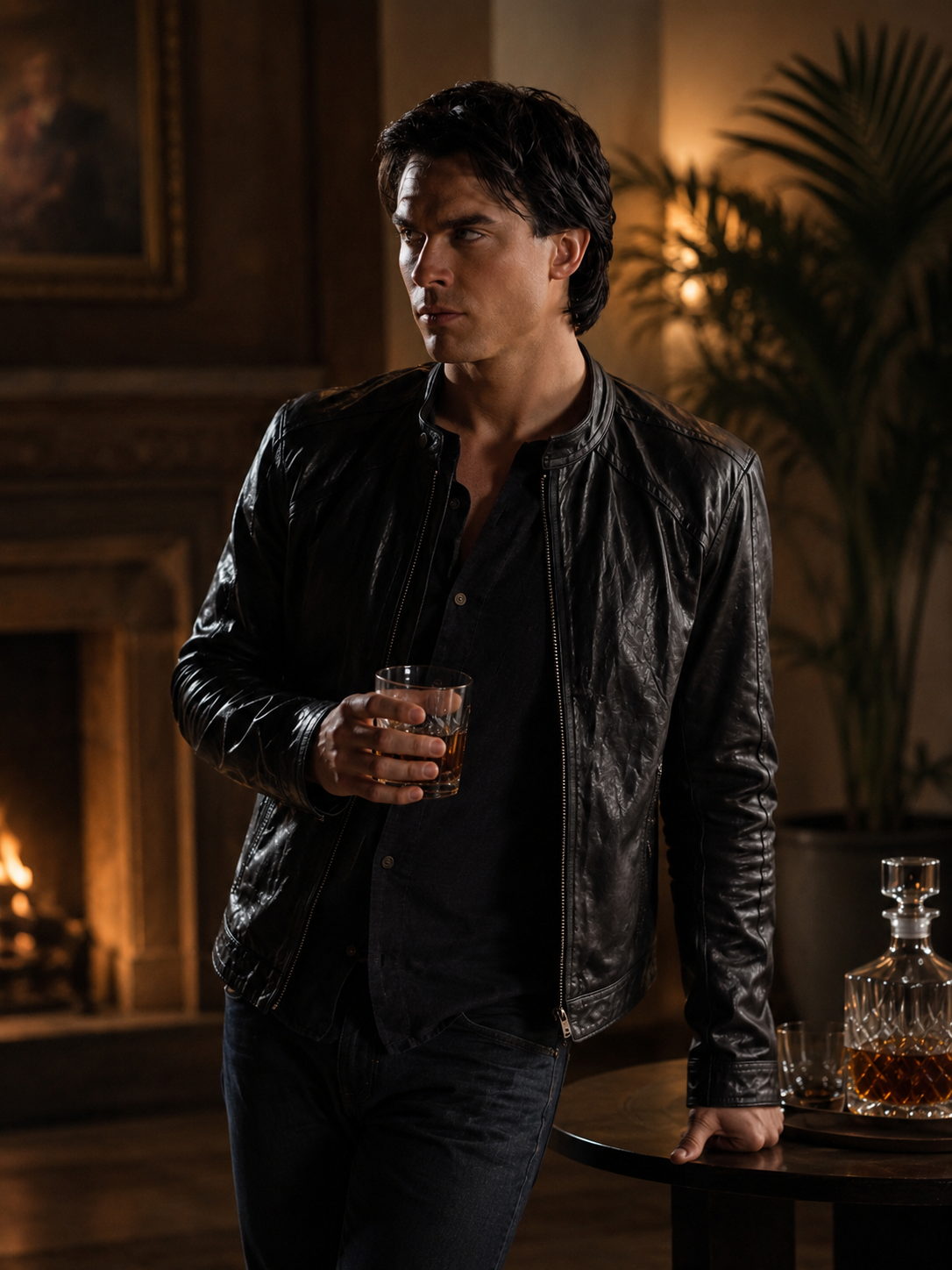 Damon Salvatore Black Leather Cafe Racer Jacket | Vampire Diaries Jacket