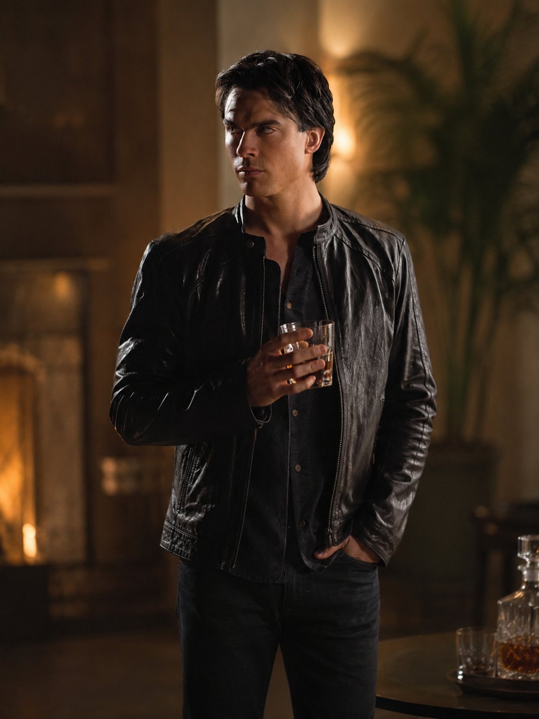 Damon Salvatore Black Leather Cafe Racer Jacket | Vampire Diaries Jacket