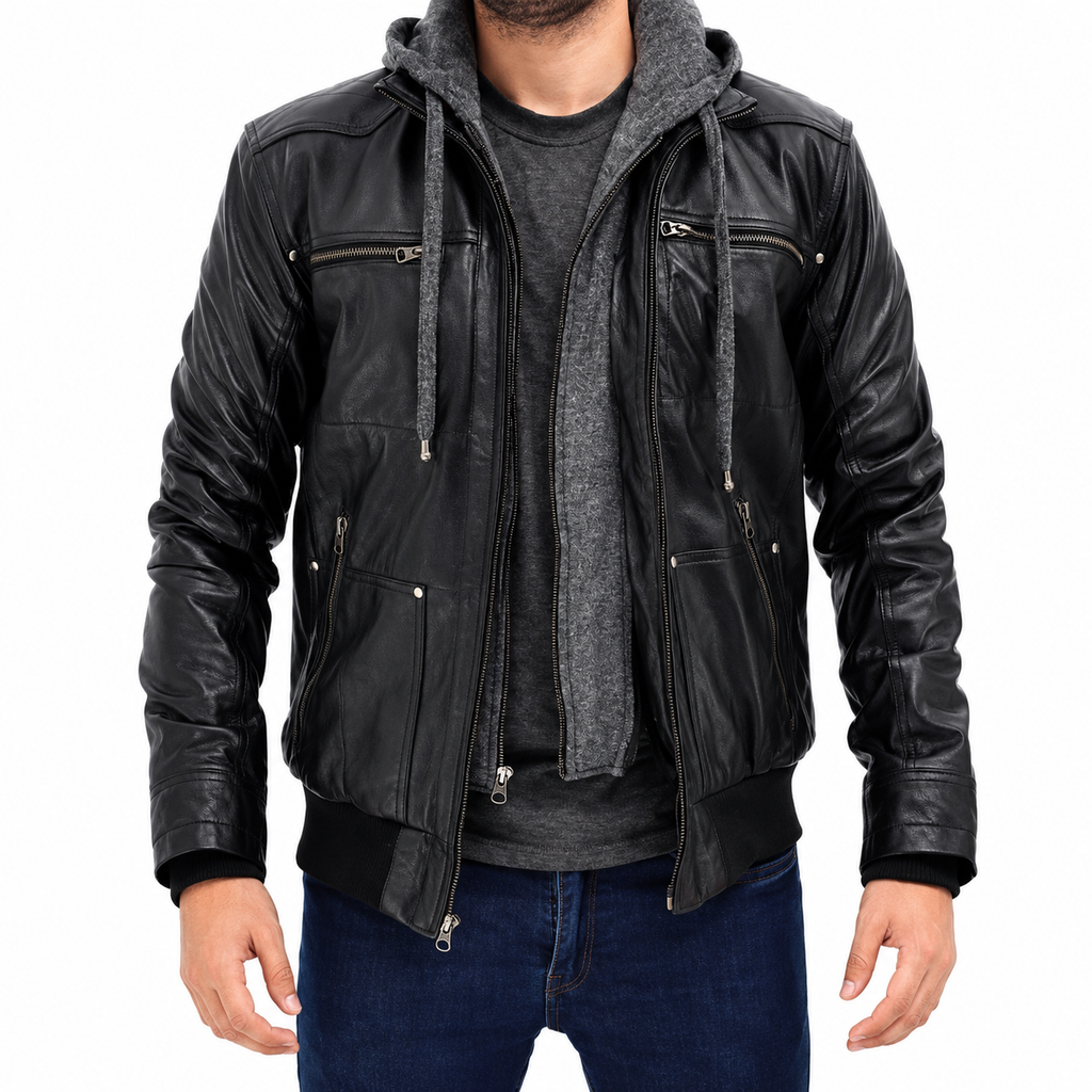 Men's Black Leather Bomber Jacket | Hollywood Jackets