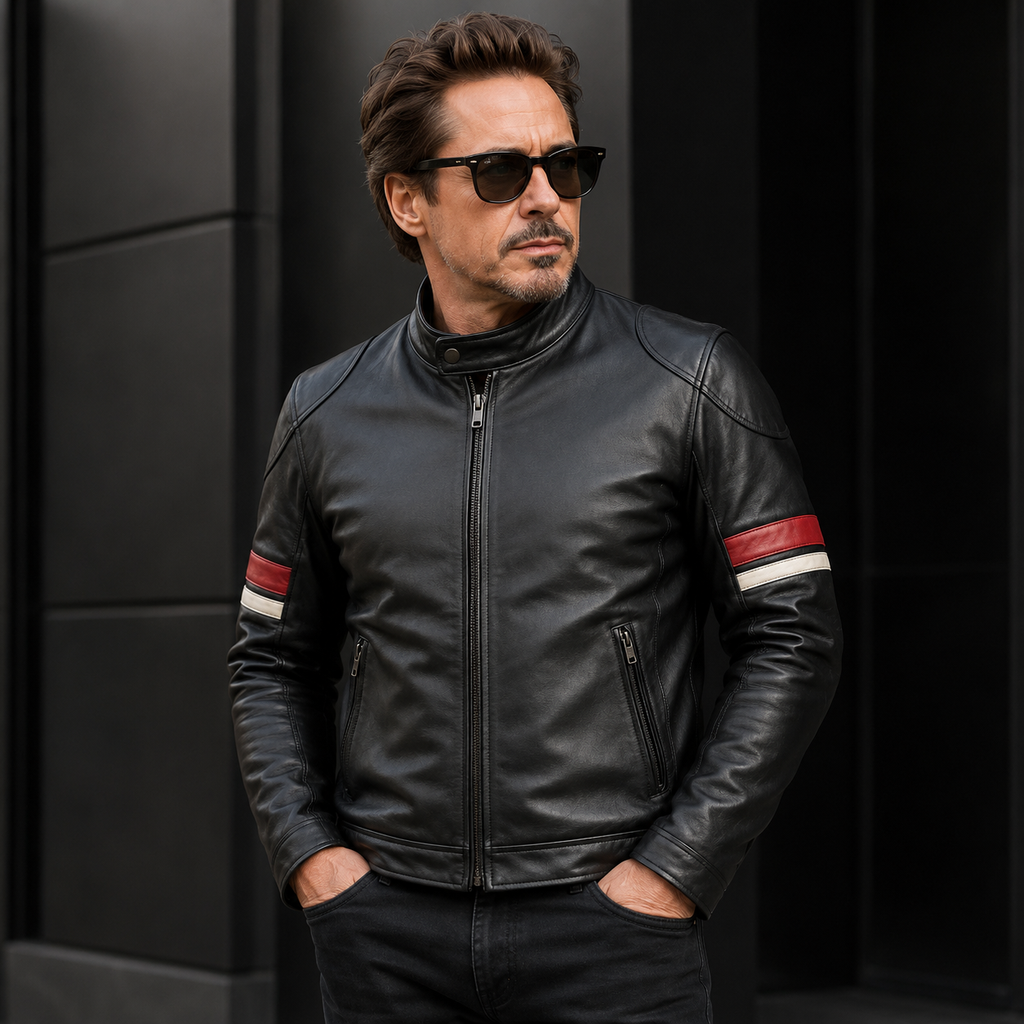 Hollywood Jackets Men’s Black Cafe Racer Red and White Striped Leather Jacket