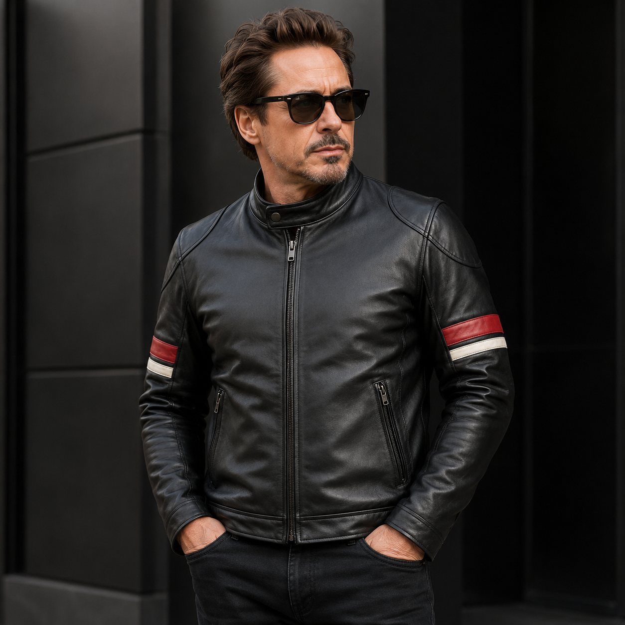 Hollywood Jackets Men’s Black Cafe Racer Red and White Striped Leather Jacket