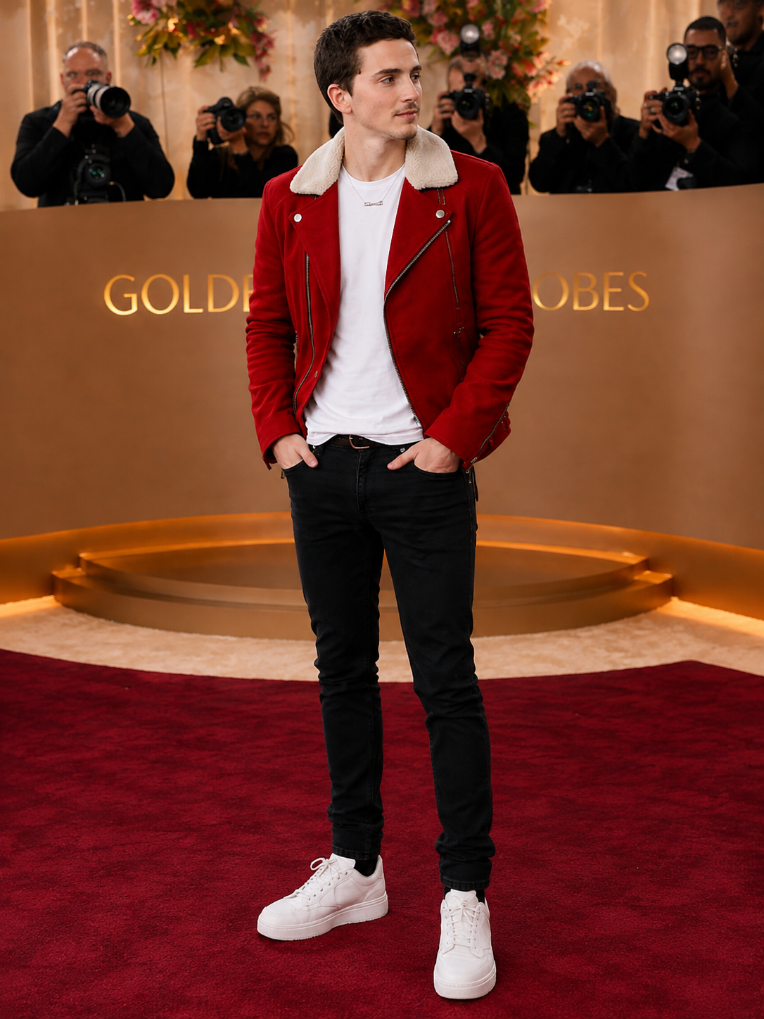 Men's Red Shearling Biker Jacket - Hollywood Jackets