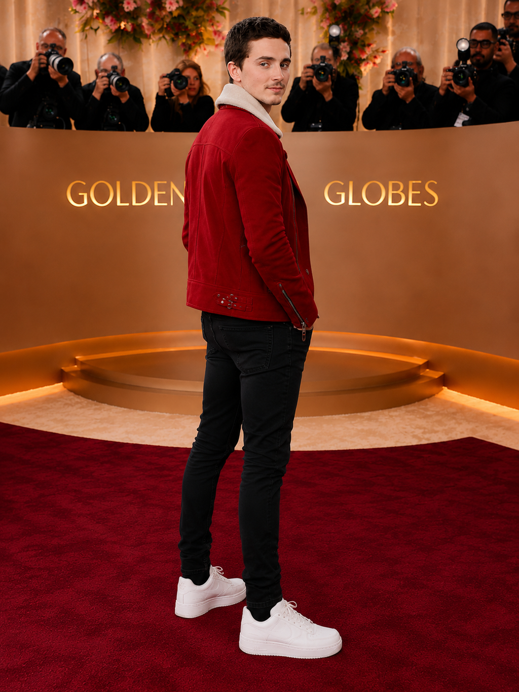 Men's Red Shearling Biker Jacket - Hollywood Jackets