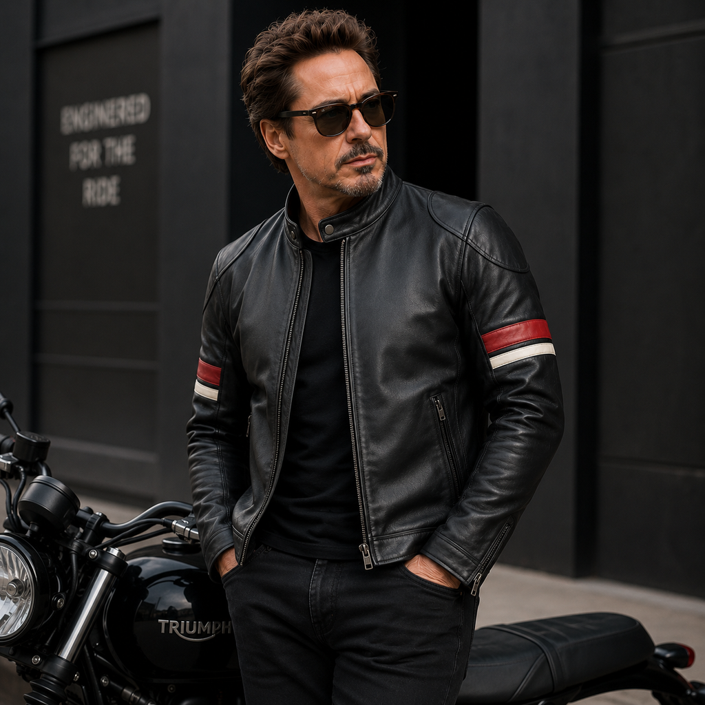 Hollywood Jackets Men’s Black Cafe Racer Red and White Striped Leather Jacket