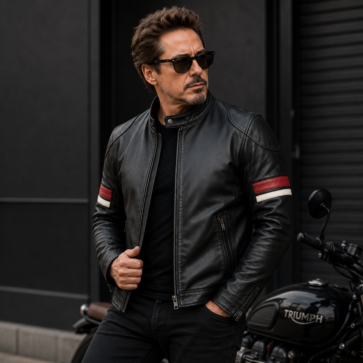 Hollywood Jackets Men’s Black Cafe Racer Red and White Striped Leather Jacket